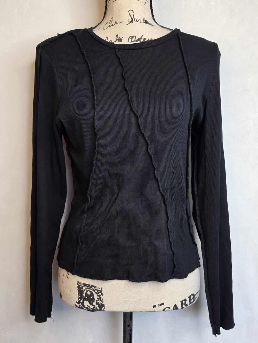 Only Black Long Sleeve Raw-Seam Ribbed Top Sz L